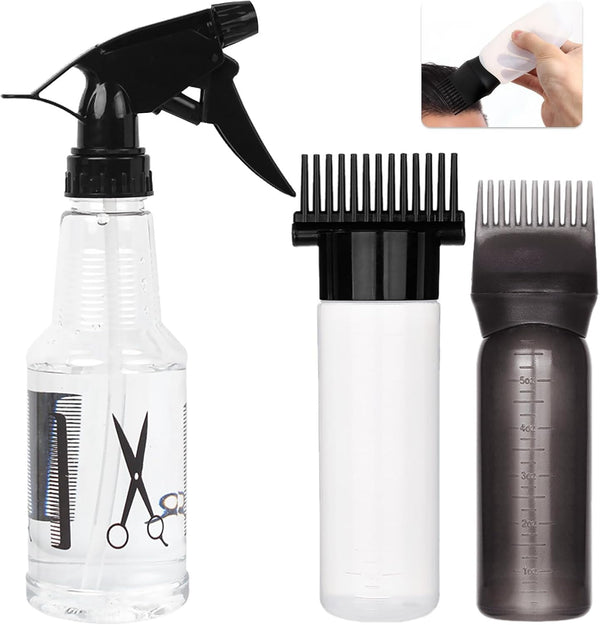 Hair Oil Applicator Bottle, 3PCS Root Comb Applicator with Continuous Spray Bottle 300Ml, Graduated Scale for Salon & Home DIY