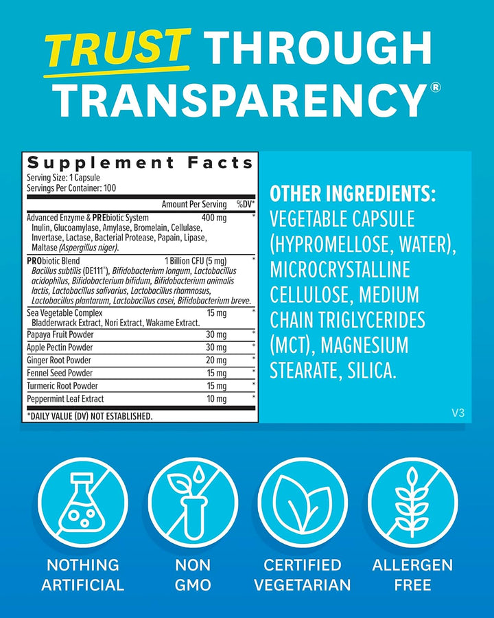 Digestive Enzymes + Probiotics for Gut Health and Prebiotics Fibre Supplements for Digestion - 100 Count