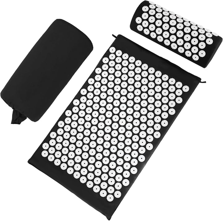 Acupressure Mat, Acupuncture Mat, Massage Mat and Pillow Set, Relieving Neck and Back Pain, Muscle Relaxation and Stress Reduction, Sciatica Relief, Suitable for Men and Women, Carry a Handbag, Black