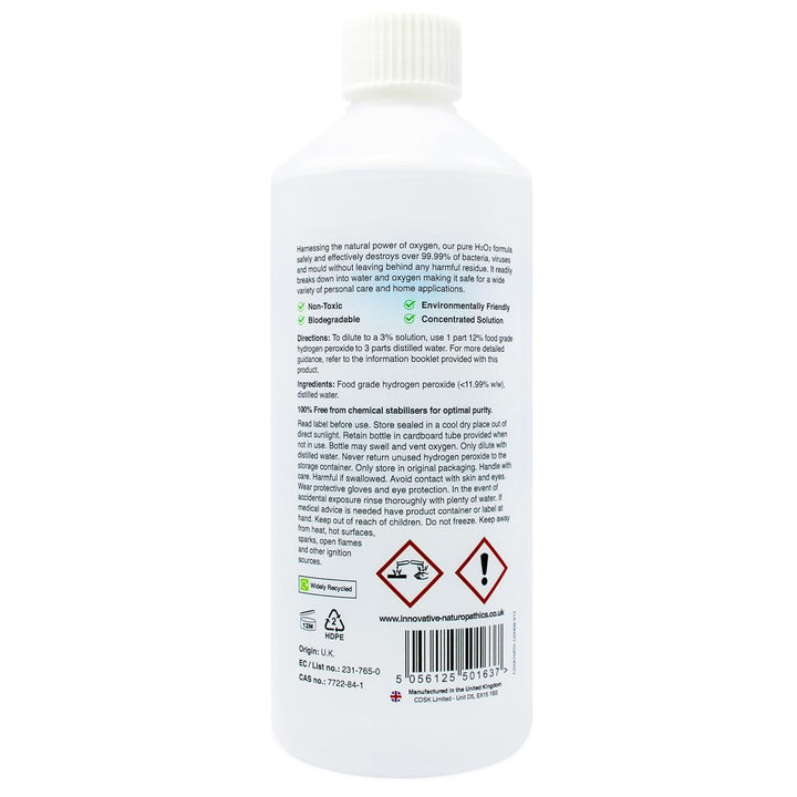 Food Grade Hydrogen Peroxide - Purest Grade 12% (<11.99%) - 1 Litre - Non Stabilised - Contains Zero Additives - 40 Vols