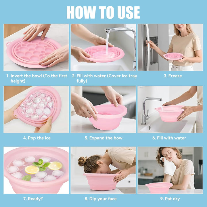 2PCS Face Ice Bowl, Ice Bowl for Face Bath, Foldable Portable Wash Basin with Built-In Icetray, Quick Cooling for Puffiness Relief, Soothe Skin, Bathroom Accessories, Facial Bowls for Home Travel Use