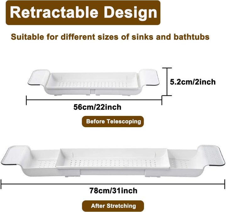 Expandable Drain Bath Shelf Caddy Tray, Multifunctional Plastic Bathtub Tray Bathroom Organizer Simple Stylish Bathtub Storage Rack for Candle Towel, Book, Wine, Phone, Shower (White)