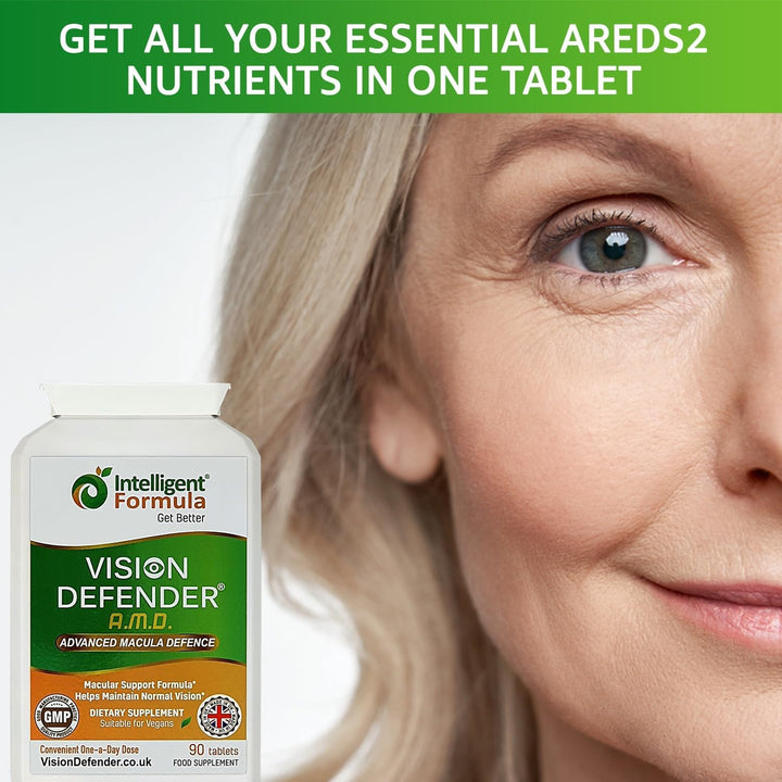 AREDS2 VISION DEFENDER AMD Supplement: Lutein, Zeaxanthin, Zinc, Vitamin E – AREDS 2 Eye Vitamins, Minerals, Nutrients for Eyes. 3 Months Supply (90 Tablets) One-A-Day Vegan Eye Supplement. Made in UK