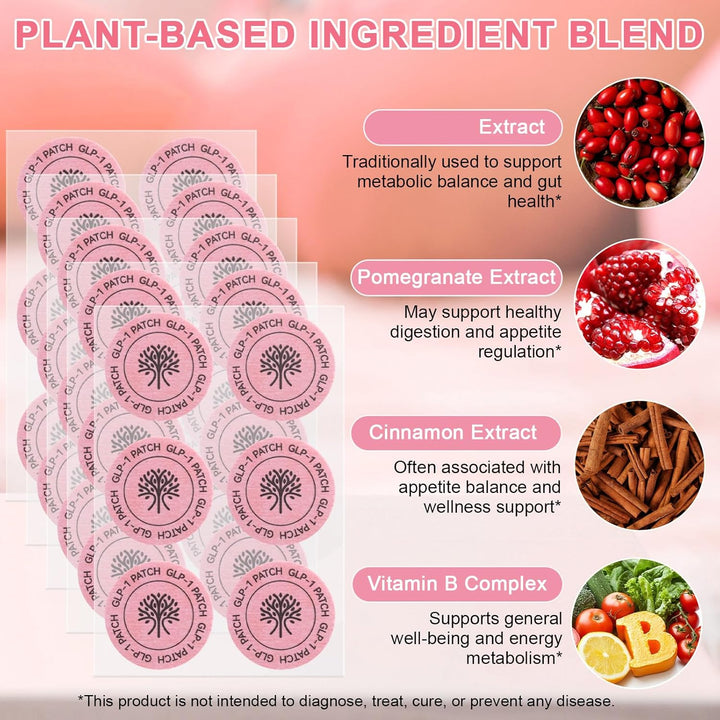 GLP-1 Patches, 30 Patches GLP-1 Mixed Essence Patch for Healthy Shape Support, Natural Ingredients with Pomegranate and Cinnamon, Gentle and Soothing Transdermal Body Patch for Women