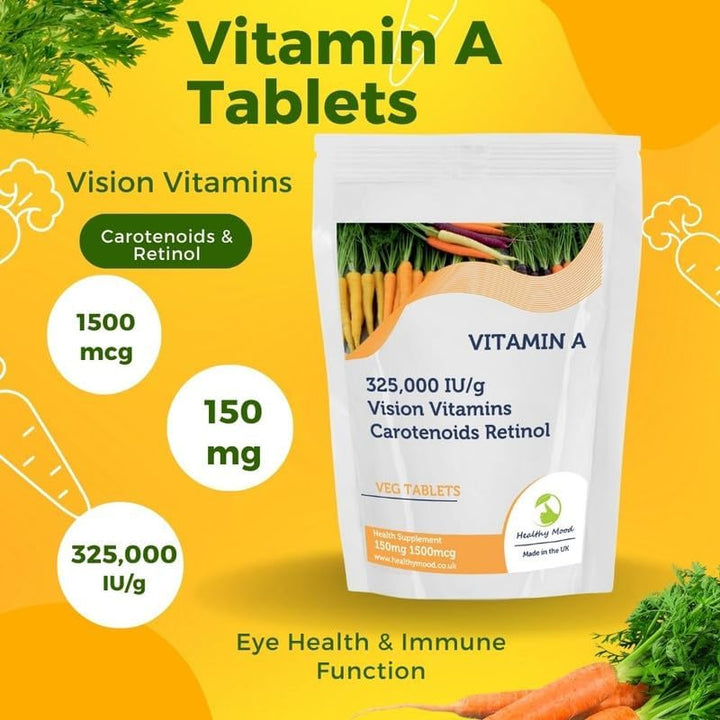 Vitamin a 150Mg (1500Mcg/325,000 Iu/G) Tablets - Carotenoids, Retinol, Essential Vision Support for Eye Health & Immune Function