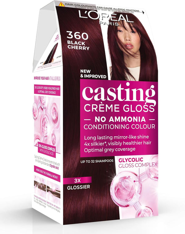 Casting Crème Gloss 360 Black Cherry: This No-Ammonia, Semi-Permanent Hair Colour Lasts 32 Washes. Enjoy up to 3X Glossier, 4X Silkier, Visibly Healthier Hair with a Luscious Black Cherry Shade.