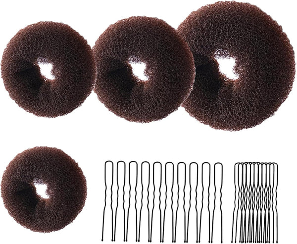 4 Pcs Ring Style Donut Bun Shaper with 20 Hair Pins,Hair Donut Brown Hair Donuts,Hair Donut Bun Maker Set,Hair Bun Donut for Girls Kids Women DIY Chignon Hair Styles Dancer Ballerina(Brown)
