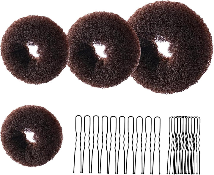 4 Pcs Ring Style Donut Bun Shaper with 20 Hair Pins,Hair Donut Brown Hair Donuts,Hair Donut Bun Maker Set,Hair Bun Donut for Girls Kids Women DIY Chignon Hair Styles Dancer Ballerina(Brown)