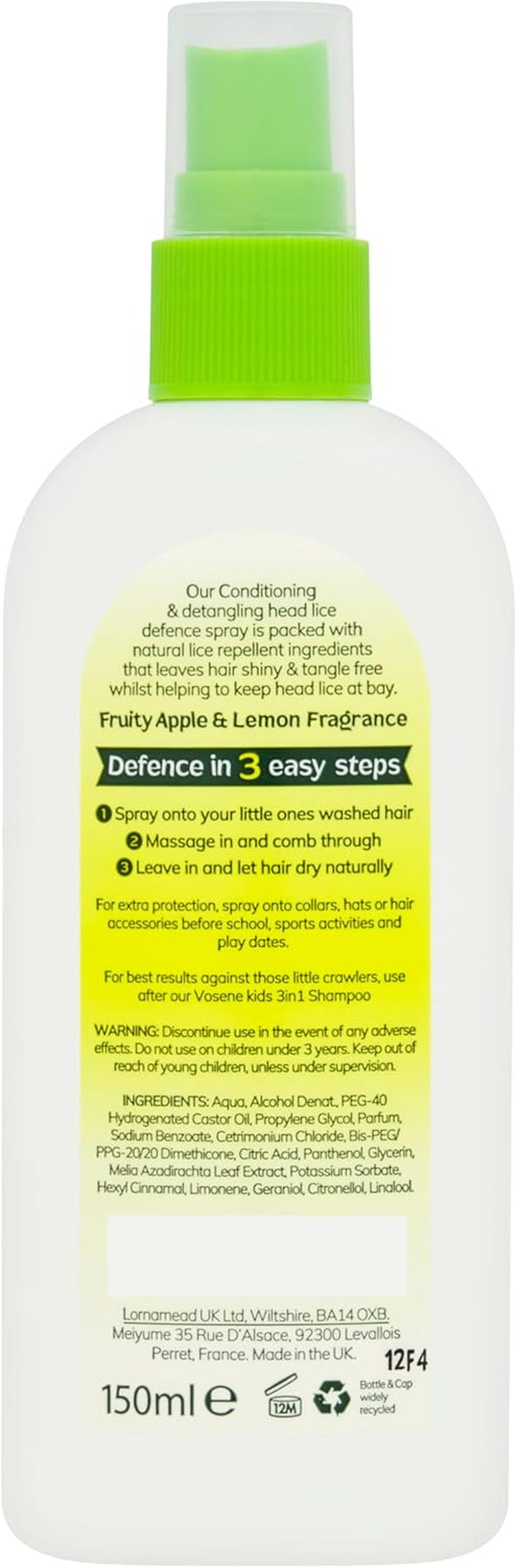 Kids Apple & Lemon Head Lice Defence Spray 150Ml, Conditioning and Detangling Natural Head Lice Repellent with Tea Tree Leaf, Citronella and Eucalyptus Oil, Helps to Keep Headlice at Bay.