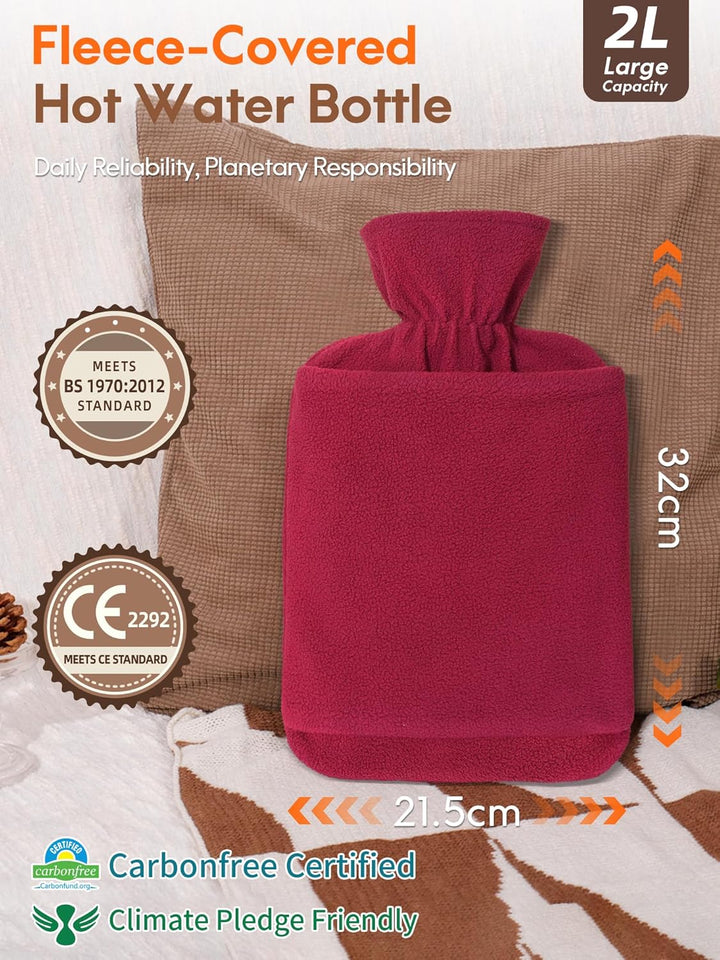 Hot Water Bottle with Fleece Cover - 2L Large Leakproof Hot Water Bag - Soft Hot Water Bottle with Hand Pocket and Natural Rubber -For Hands, Feet, Shoulders, Neck, Abdomen, Legs (Red)