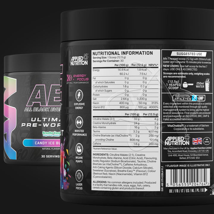 ABE Pre Workout - All Black Everything Pre Workout Powder, Energy & Physical Performance with Citrulline, Creatine, Beta Alanine (375G - 30 Servings) (Candy Ice Blast)