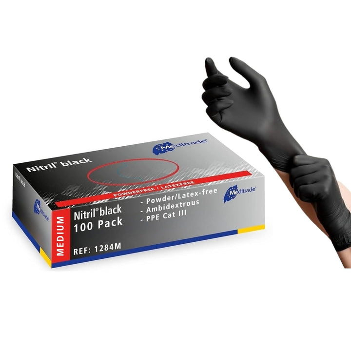 Nitril® Black Nitrile Examination Gloves - Powder-Free, Latex-Free, Multi Use Protective Exam Gloves - Size Medium - Black - 100Pcs