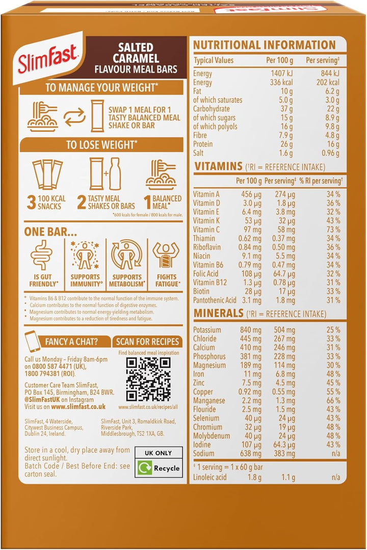 Salted Caramel Meal Bar, 16 G Protein, 202 Calories, 27 Vitamins & Minerals, Have as a Meal Replacement for Weight Management or as a High-Protein Snack for Work, Gym & Travel, 4X60 G