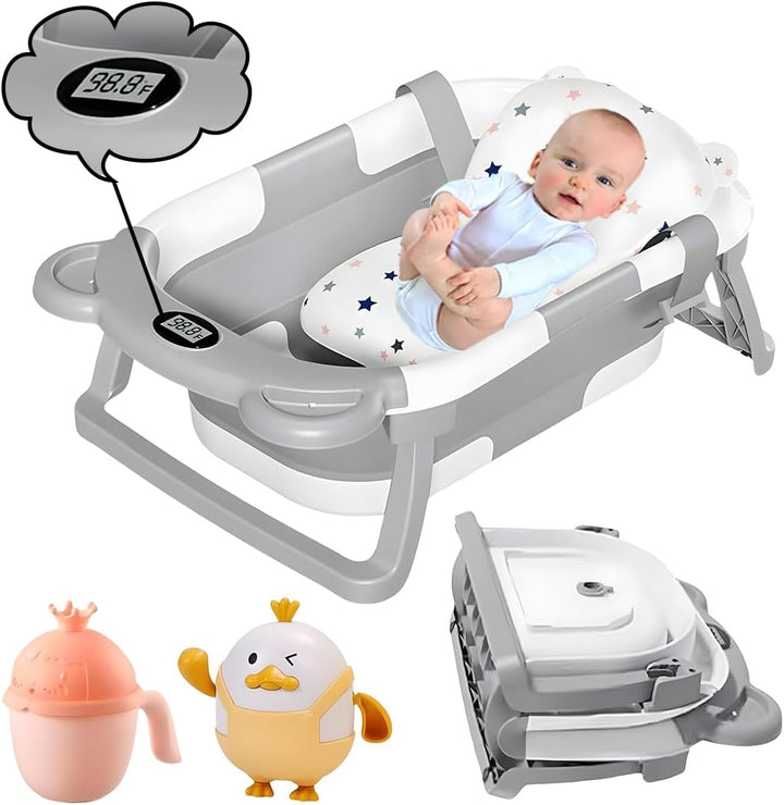 Collapsible Baby Bath Tub with Thermometer - Baby Bath Support for Newborn Bath - Portable Bathtub with Drain Plug for Travel - anti Slip Tub with Shower Jug and Toy 0-24 Months (Grey)