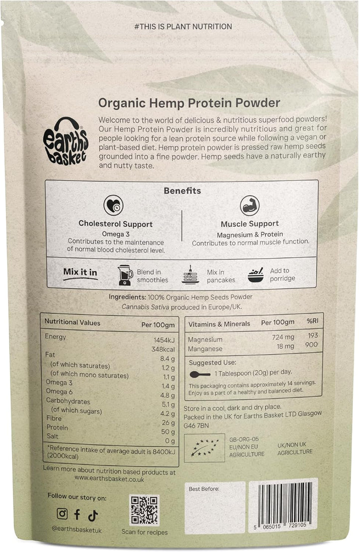 Organic Hemp Protein Powder 280G Natural - Unflavoured, Vegan - Gluten-Free - Plant-Based - High-Fibre - Rich in Omega 3 - Dairy-Free