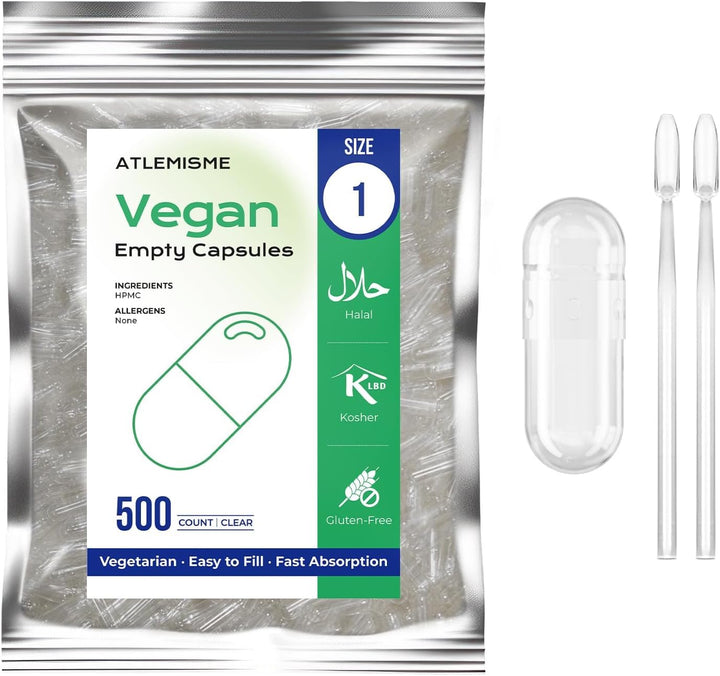 Empty Capsules Size 1 100 Count,Clear Empty Vegan Capsules Kosher,Halal and Non GMO Certified for DIY Supplements.Hypoallergenic Veggie Capsules Empty with 2 Spoons,Adapted to the Capsule Filler