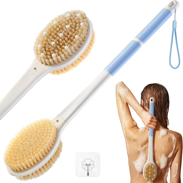 Back Scrubber Body Shower Brush: anti Slip Long Handle Bath Brush with Stiff and Soft Bristles - Showering Exfoliator Wet or Dry Brushing for Women, Men, Elderly (Blue)