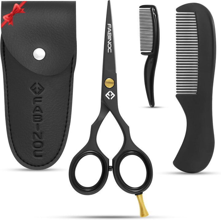 5'' Beard and Moustache Scissors with Comb & Pouch – Eyebrow, Ear & Nose Small Hair Scissors - German Quality Stainless Steel Mustashe Grooming Kit (Black)