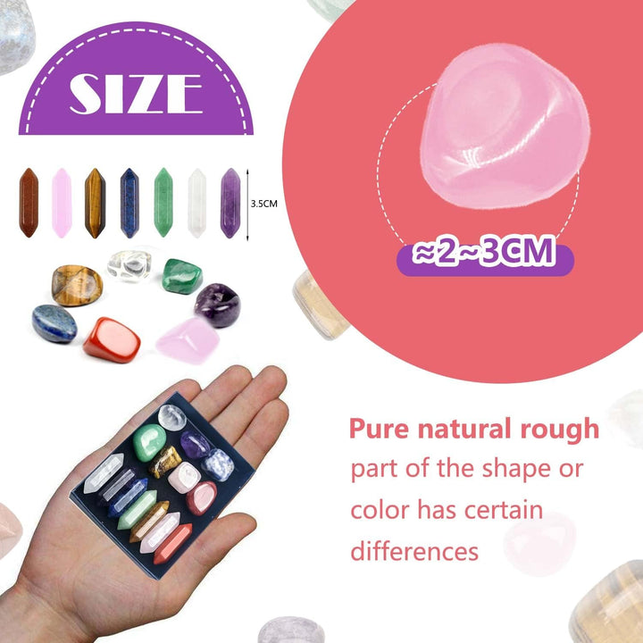 Natural Reiki Gemstone Wand Set in Box, Natural Reiki Gemstone Wand Set for Meditation Crystal Therapy Anxiety Relief Balancing Yoga Crystals and Gemstones for Beginner(14Pcs)