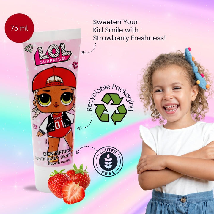 LOL Surprise Dolls Kids Toothbrush Set Contains Toothbrush with Protection Cap and Soft Bristles, Strawberry Flavour Toothpaste and Multi-Purpose Beaker for Children 3+