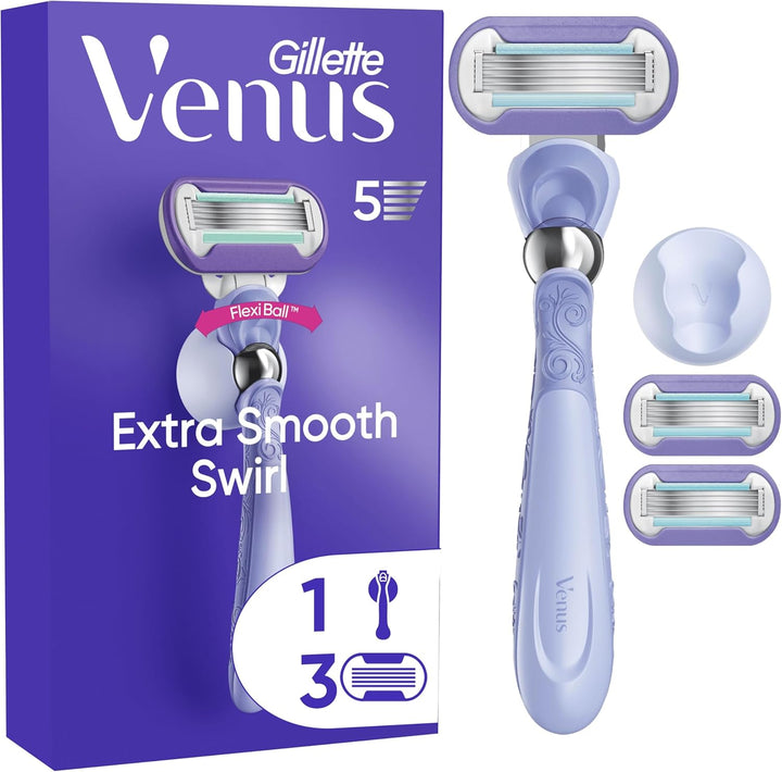 Extra Smooth Swirl Women’S Razor, 3 Refill Razor Cartridges, Pivoting Reusable Handle and Shower Holder