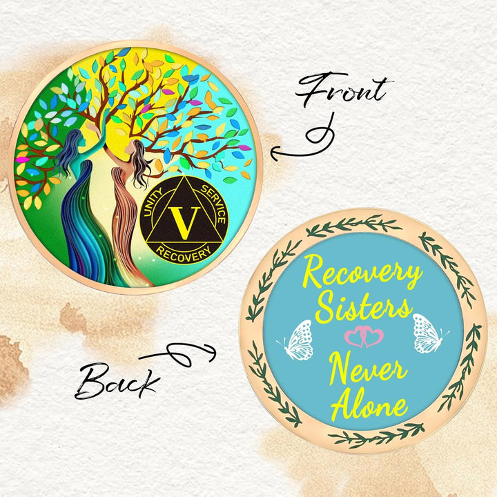 5 Year Sobriety Coin for Women, Recovery Sisters AA Medallion, Tree of Life AA Coin, 5 Year AA Chip, Sobriety Gifts for Women, Alcoholics Anonymous Anniversary Token