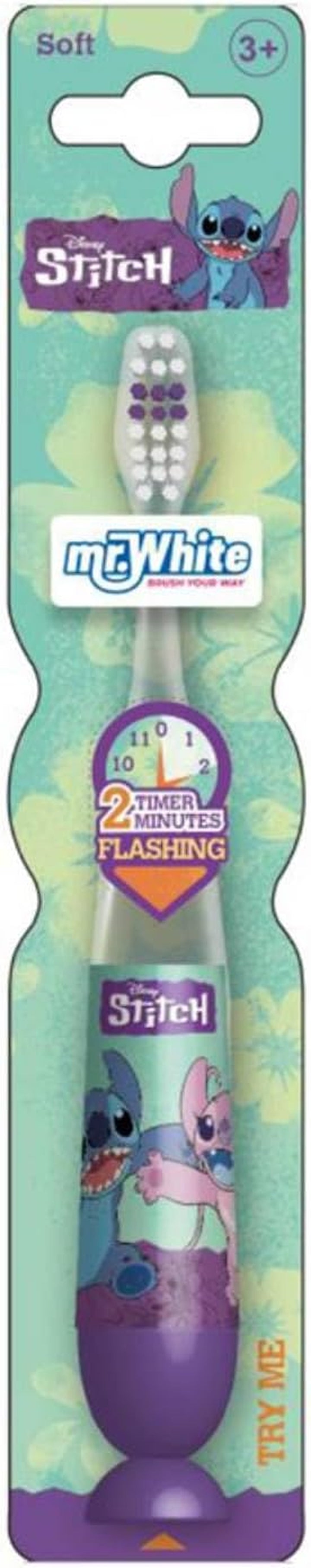 Disney Stitch Flashing Toothbrush for Kids with 2 Minute Flashing Light, Comfortable Handle Grip, Soft Rounded Bristles and Suction Cup for Upright Storage for Children Ages 3+