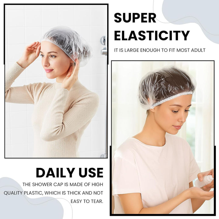 100PCS Disposable Shower Caps,Waterproof Hair Caps,Multi-Purpose Thickened Plastic Elastic Bath Caps for Women, Home Use,Hair Salon, Spa, Travel, Hotel, Shower（White）