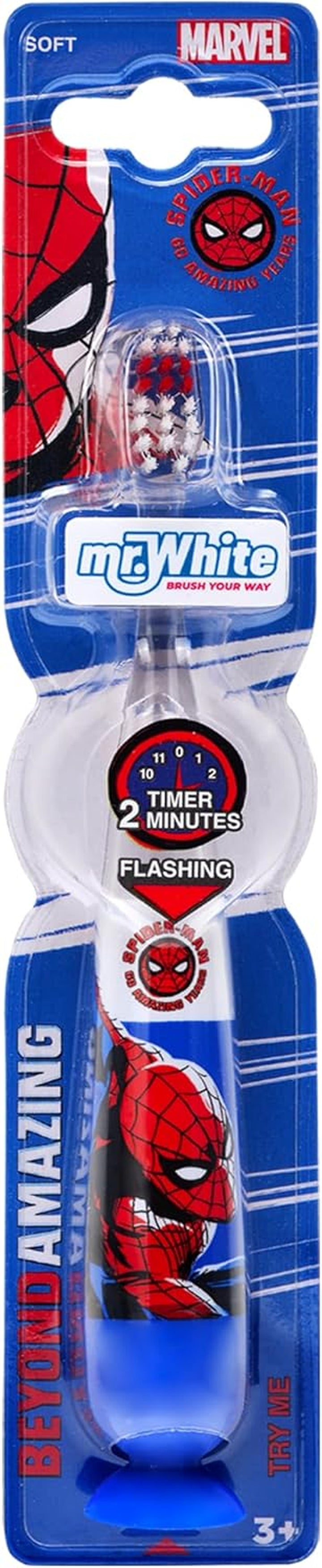 Marvel Spiderman Flashing Toothbrush for Kids with 2 Minute Flashing Light, Comfortable Handle Grip, Soft Rounded Bristles and Suction Cup for Upright Storage for Children Ages 3+