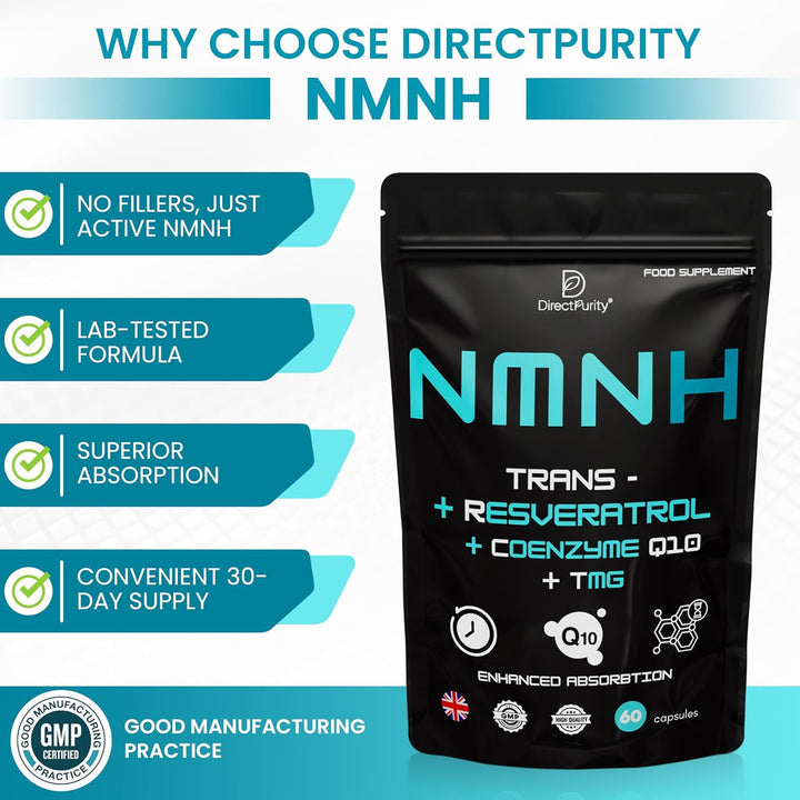 NMNH Supplement 600 Mg, with Trans Resveratrol, Coq10 and TMG, NMNH and Resveratrol Supplements Support Cellular Health and Healthy Aging. Boost Vitality and Combat Aging.