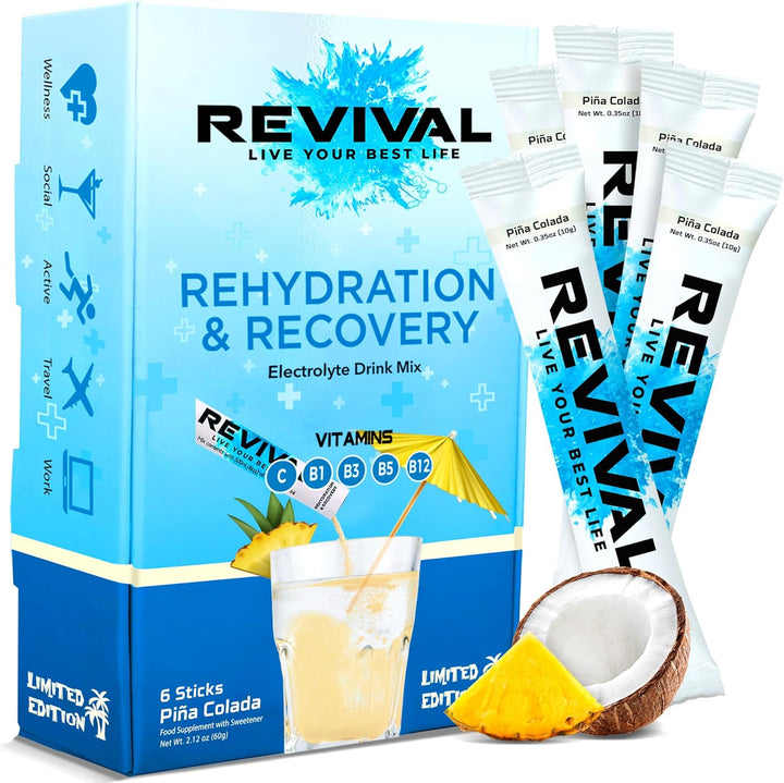 Revival Rapid Rehydration Electrolytes Powder - High Strength Vitamin C, B1, B3, B5, B12 Supplement Sachet Drink, Effervescent Electrolyte Hydration Tablets - 12 Pack Assorted Flavours