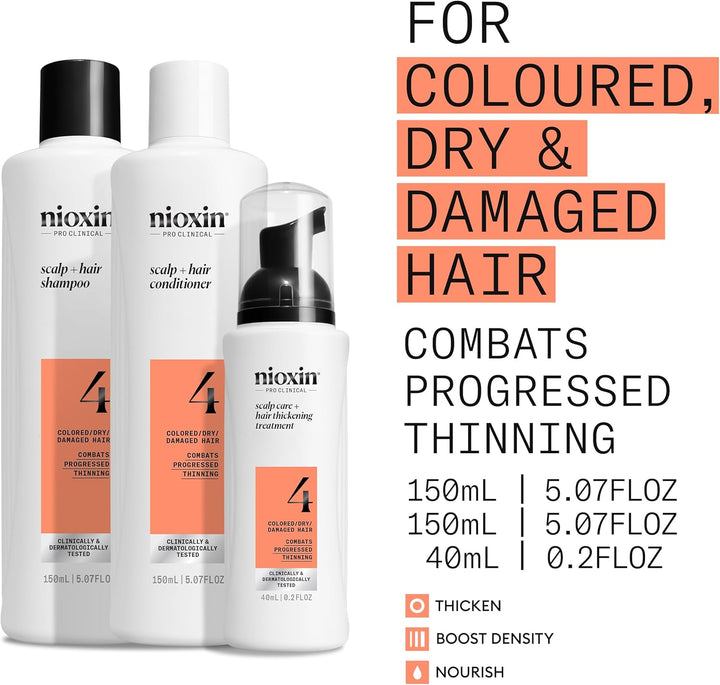 Nioxin System 4 - Hair Thickening System for Damaged Hair with Progressed Thinning - Biotin & Niacinamide - Shampoo, Conditioner, Serum