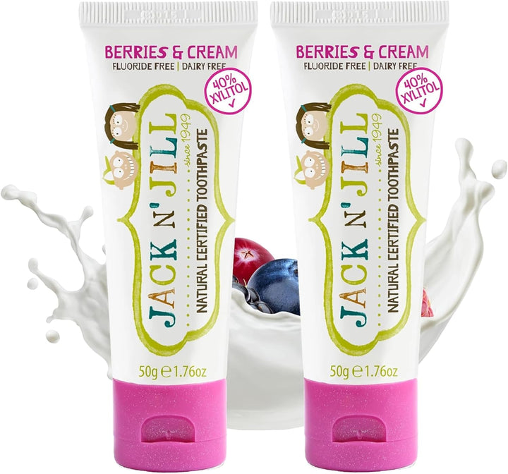 Jack N’ Jill Natural Certified Kids Toothpaste – Fluoride-Free Toddler & Baby Toothpaste with 40% Xylitol, No Sugar, Suitable from 6 Months+, Banana & Strawberry Flavour, Pack of 2 (50G Each)