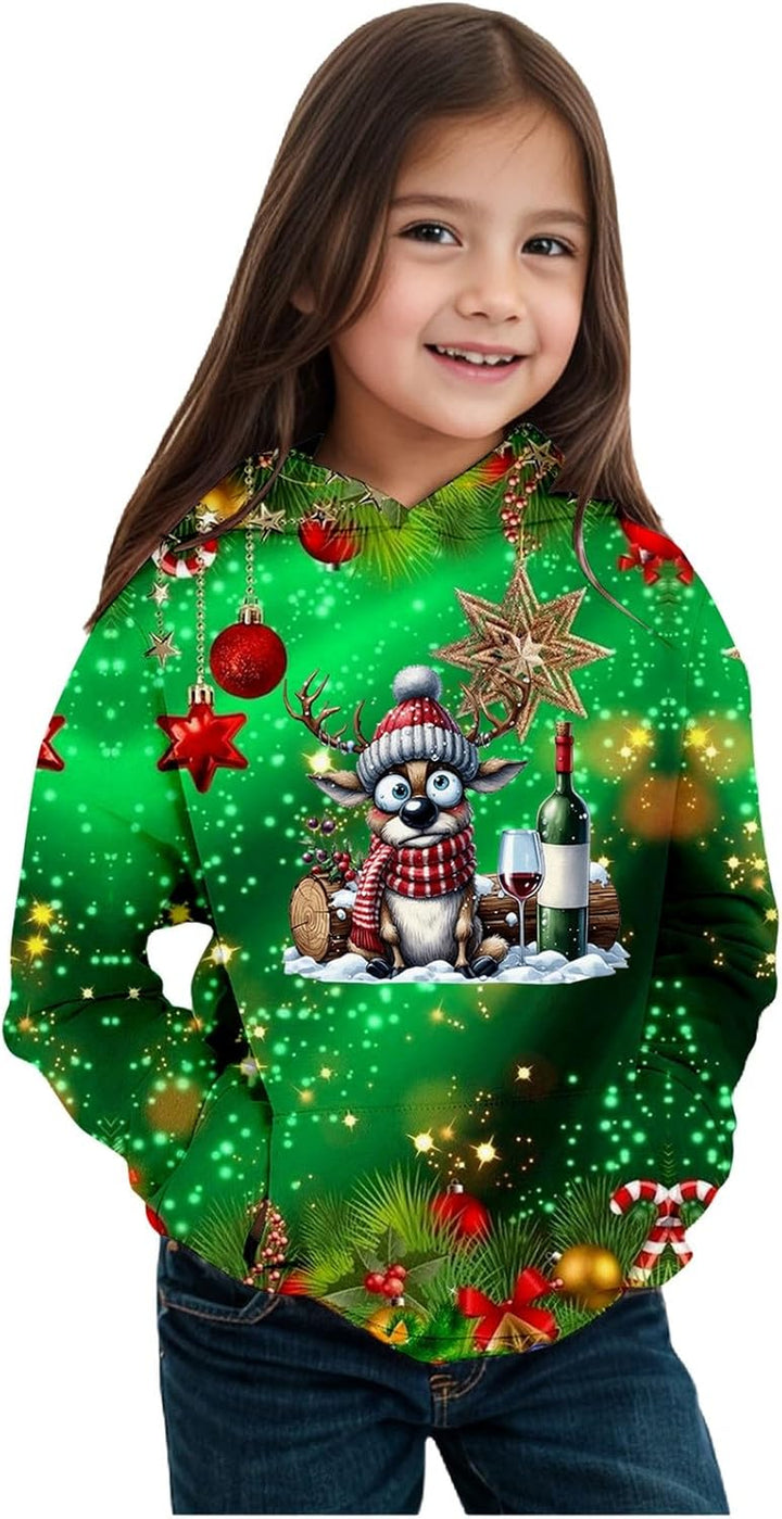 2025 Christmas Print Girls Hooded Sweatshirt Long Sleeve Pullover Top for Winter Holiday Festive Outfit Cozy Fleece Lined Soft Casual Wear