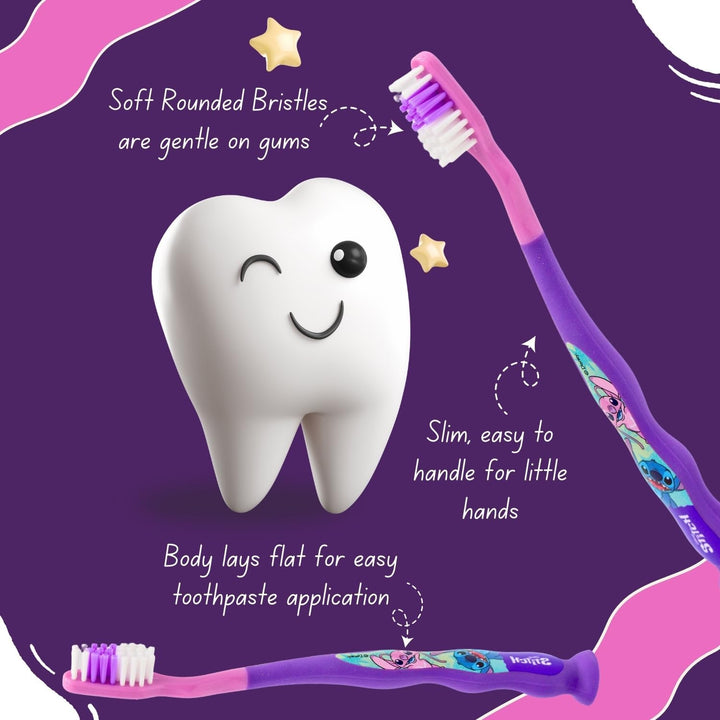 Disney Stitch Little Teeth Toothbrush for Kids with Protection Cap, Soft Rounded Bristles, Comfortable Handle Grip and Suction Cup for Upright Storage for Children Ages 3+