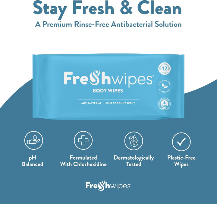 Antibacterial Body Wet Wipes for Adults 1 Pack (12 Wipes) - Coconut Scent - Extra Large Biodegradable - Dermatologically Tested & Suitable for the Elderly or Disabled - Great for Camping