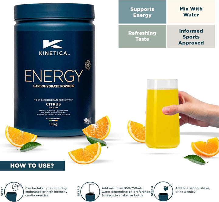 Sports Energy Powder - Citrus Flavour | 41G Carbs/Serve, 30 Servings/1.5Kg | 3:1 Glucose to Fructose Ratio | High in Vitamin B1, B5, B6, B7, B12 | Instant Energy Carbohydrate Drink