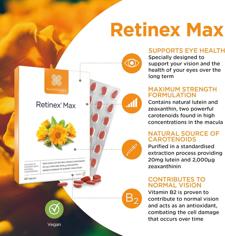 Retinex Max Eye Support (60 Tablets) | Long Term Vision & Eye Health | 20Mg Lutein & 2,000Ug Zeaxanthin | Vitamin B2 Contributes to Normal Vision | Natural Source Carotenoids | Vegan