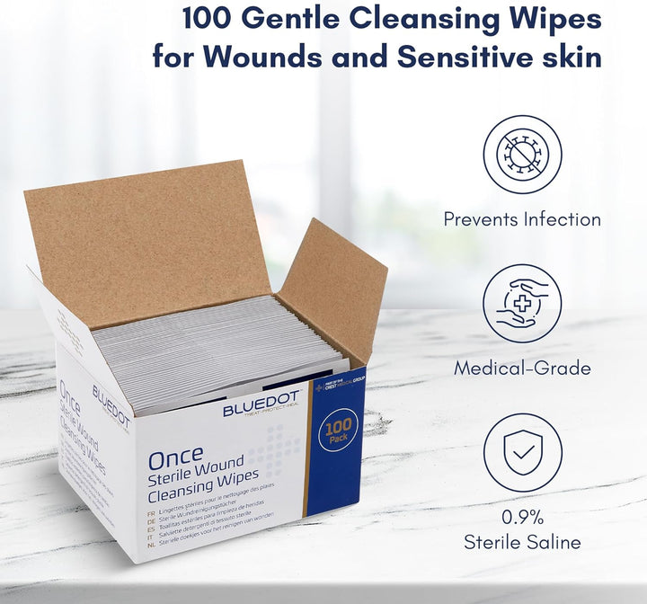 Sterile Saline Wipes 100 Pack: Alcohol-Free, Gentle & Hygienic: Wound Cleansing, Eye Wipes, First Aid, Piercings, Tattoo Aftercare, Hearing Aid Cleaning Kits & Post Procedure Care