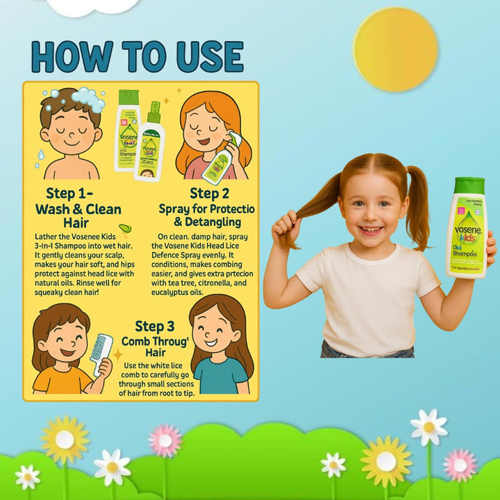 Vosene Head Lice Repellent Bundle Kit | 3-In-1 Head Lice Repellent Shampoo (250Ml) | Conditioning Defence Spray (150Ml) | Lice Comb with & without Handle 2PC, Natural Head Lice Treatment for Children