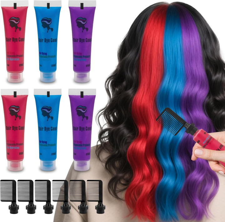 Hair Dye for Dark Hair, Temporary Hair Colour Comb for Girl & Women. Great Gift on Birthday Halloween Christmas Cosplay Party, Easy Washable and Safety Hair Chalk Comb(6 Bright Colour)