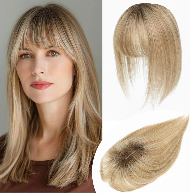 Hair Toppers for Women Human Hair Topper Clip in Fringe Hand-Woven Swiss Base Hair Topper (Ombre Light Brown with Blond Highlight)
