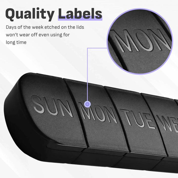 Black Weekly Pill Box Organiser with Upgraded Open Design | Premium Quality 7 Day Travel Tablet Box | Portable Pill Case for Medications, Vitamins, and Supplements