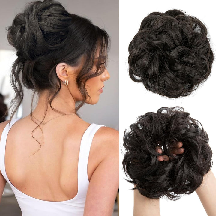 Messy Bun Hair Piece, Wavy Curly Messy Bun Scrunchie, Thick Tousled Hair Pieces for Women Girl(Black）