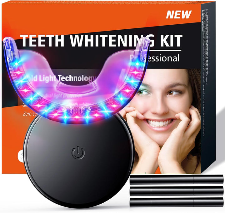 LED Teeth Whitening Kit with Dual Red Blue Light Tray & Bleaching Gel Pen - Professional Tooth Whitener for Effectively Removing Coffee, Wine, Smoking Stains for Whiter Teeth at Home
