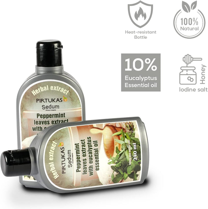 Natural Herbal Extract for Sauna, Massage, Broom Soaking - Sauna Infusion with Peppermint Leaves Extract with Eucalyptus Essential Oil, Honey and Iodine Salt - 240Ml