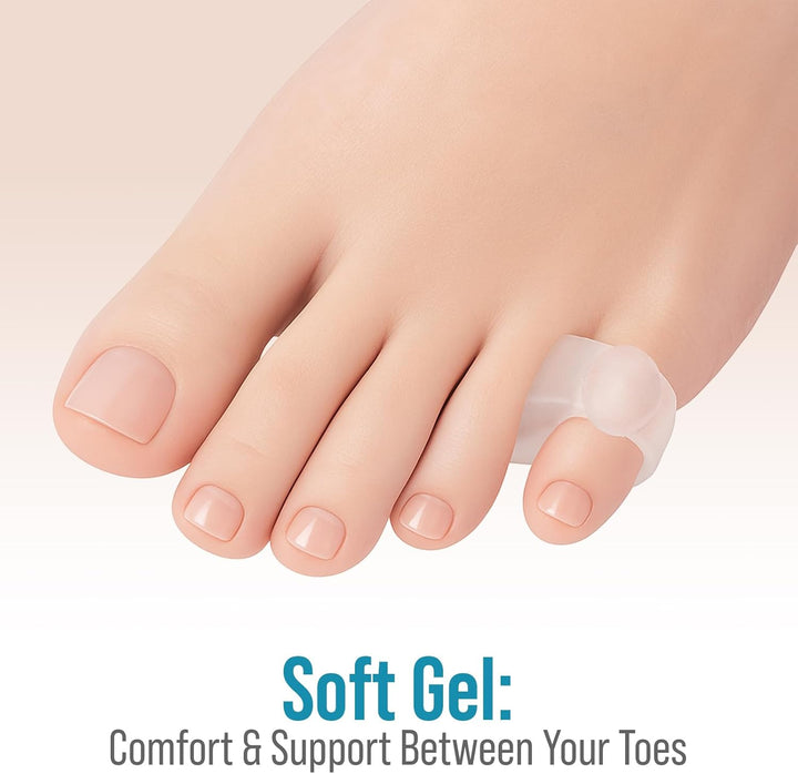 Pinky Toe Spacers for Men & Women – 4 Gel Separators for Overlapping & Curled Little Toes, Bunions, Alignment - Diabetic Foot Care, Silicone Spreader, Corrector & Straightener, Clear