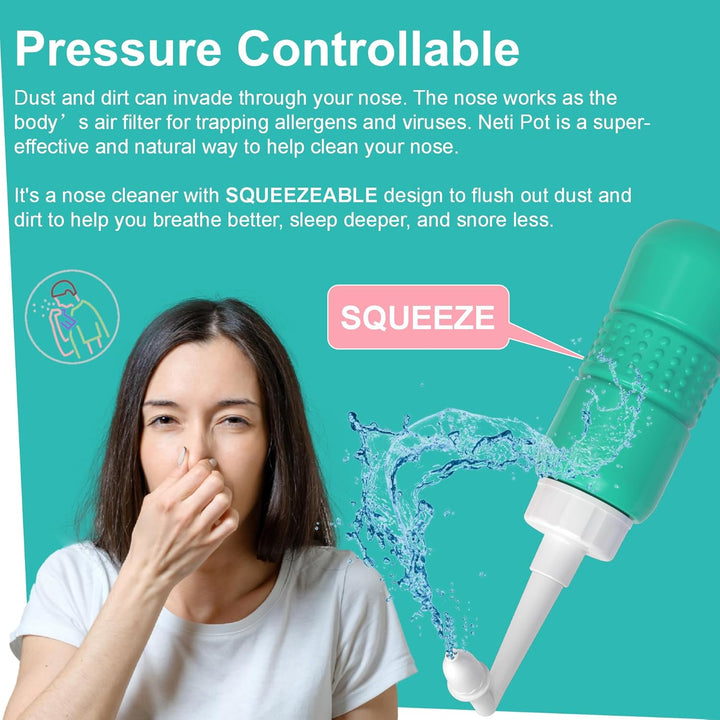 Travel Sinus Rinse Kit +5 Nasal Wash Salt Packets Neti Pot with 2 Soft Nozzle Nasal Rinse Mix Nose Wash Bottle 300Ml + Nasal Sprayer with Nasal Rinse Mix +Bag BPA Free,Blue