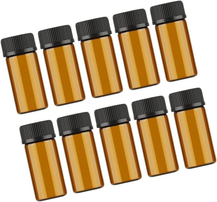 10 Pcs Mini Glass Vial Bottles with Grain Lid and Hole Plug Dark Brown Small Refillable Containers for Essential Oils Chemistry Samples Perfumes Portable Storage
