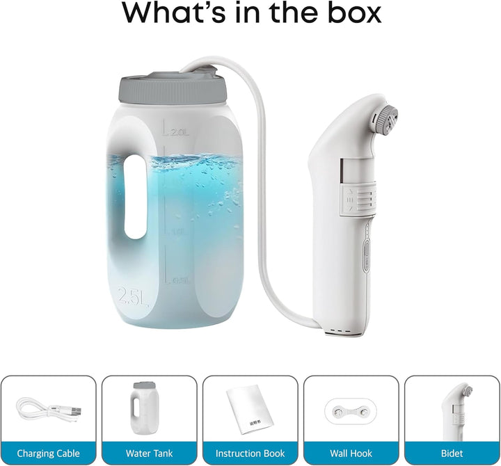 Electric Portable Bidet Sprayer – 2.5L Handheld Travel Shattaf, Strong Pressure Toilet Spray, Rechargeable 1600Mah Battery, USB-C Charging – Home, Camping & Outdoor Hygiene (White, JP-239B)